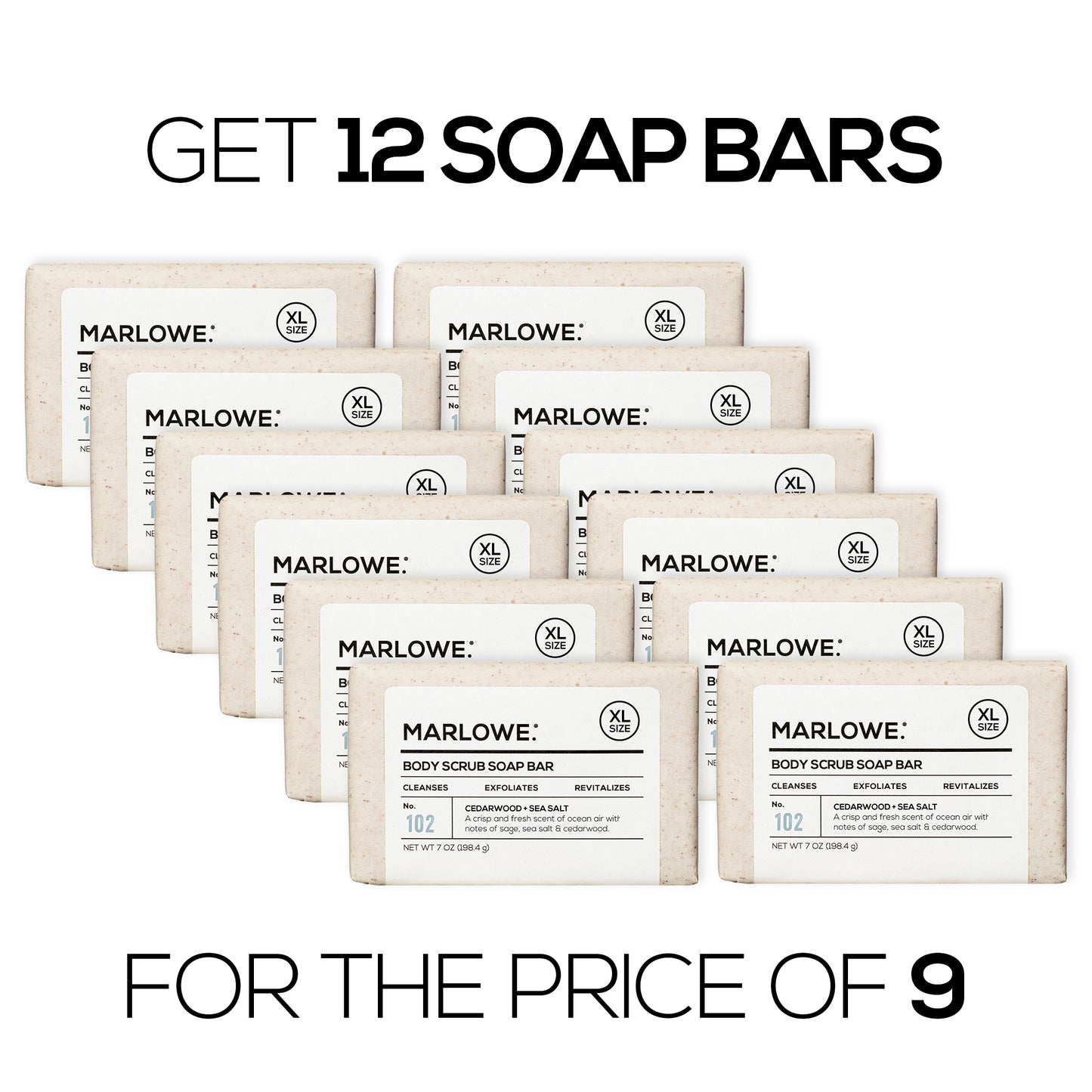 Set of 12 MARLOWE cedarwood and sea salt scrub soap bars, rectangular with textured soap surface and natural cedarwood scent.