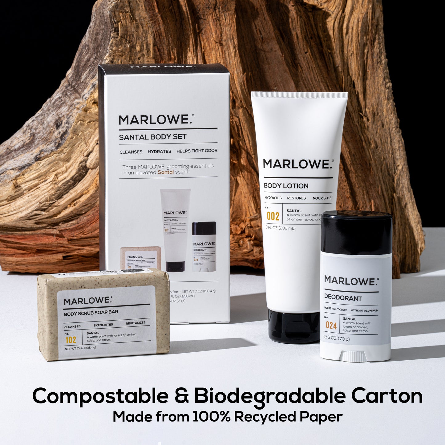 MARLOWE Santal Body Set packaging with six skincare products arranged neatly, featuring minimalist design and branding.