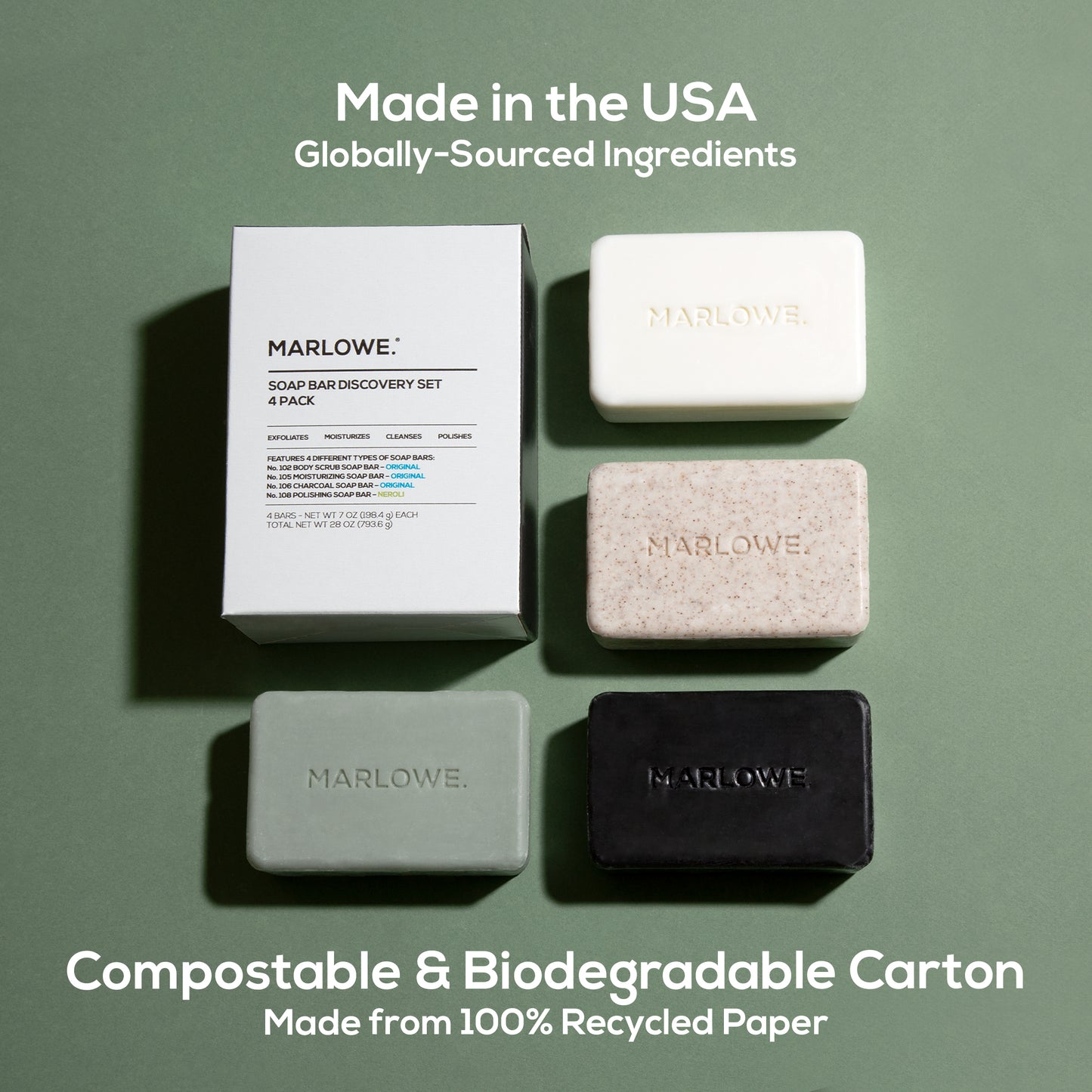 Marlowe soap bar discovery set with four natural skincare soap bars in eco-friendly packaging.