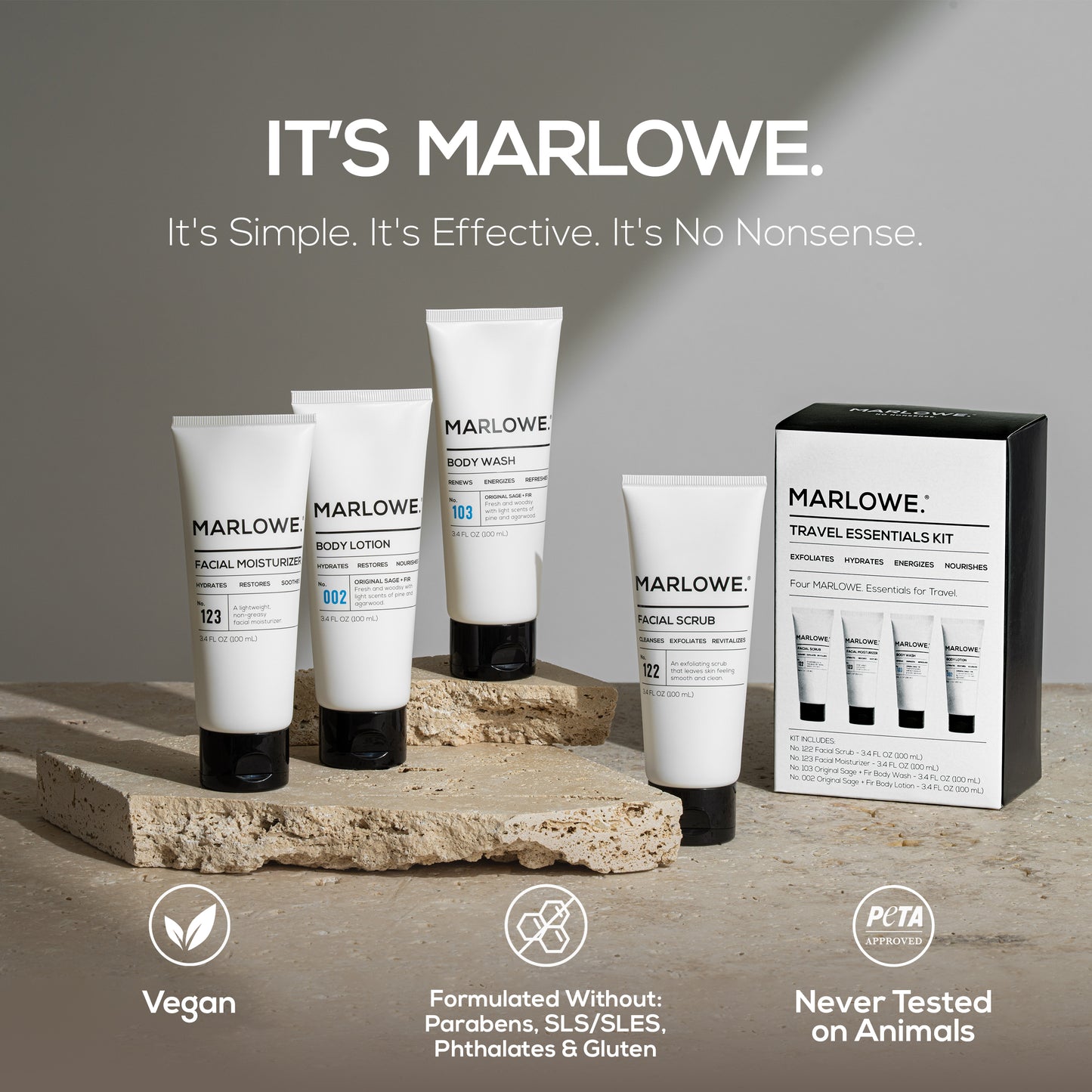 MARLOWE travel essentials set with clean formulas including bottles, jars, and accessories for convenient on-the-go skincare.