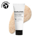 MARLOWE. facial scrub for face, showing the textured scrub product in a sleek tube with natural ingredients visible.