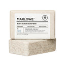 MARLOWE cedarwood and sea salt scrub soap bar with natural textured surface, highlighting key ingredients and product details.