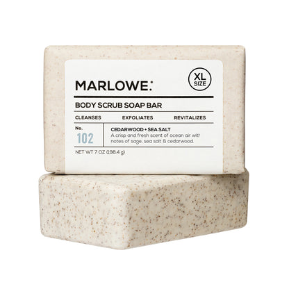 MARLOWE cedarwood and sea salt scrub soap bar with natural textured surface, highlighting ingredients and rustic appearance.
