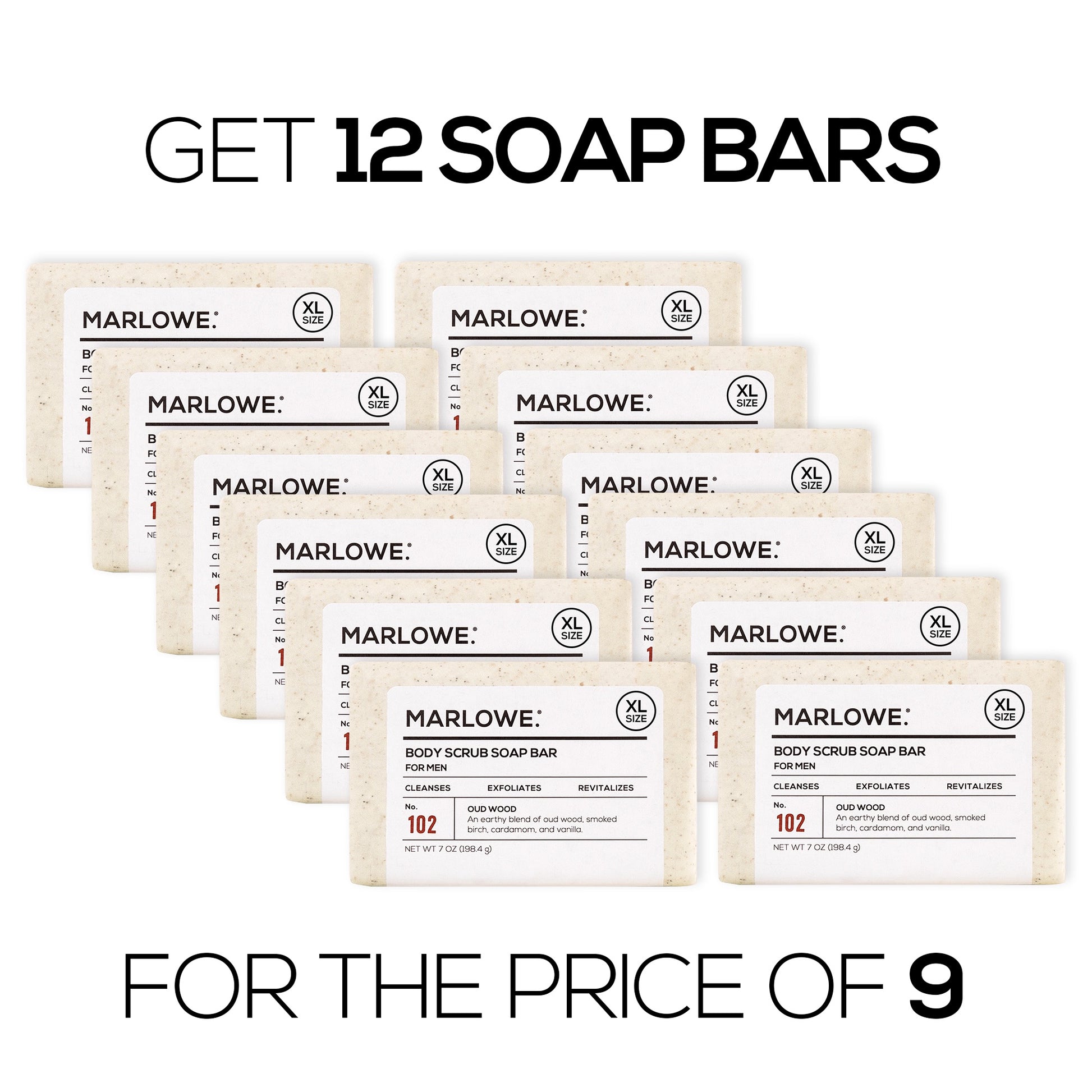 MARLOWE Oud Wood Scrub Soap Bar, natural exfoliating bar soap with oud wood scent, shown in a close-up image.