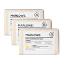 MARLOWE. Santal scrub soap bar, natural exfoliating bar soap with warm sandalwood scent, shown in a set of three.