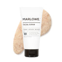 MARLOWE. facial scrub for face, showing textured exfoliating product in a clear jar with a natural setting background.