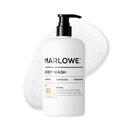 Marlowe Santal body wash in a sleek bottle, showing the product label and a smooth, creamy texture for clean, refreshed skin.