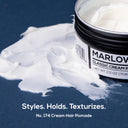 Marlowe No.174 Hair Cream Pomade in a jar, showing the creamy texture and product benefits for styling hair.