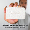 Set of three MARLOWE scrub bar soaps with natural ingredients, shown in a simple, elegant packaging for nourishing skin.