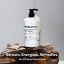 MARLOWE. Santal body wash with natural fragrance, showing the bottle and key benefits highlighted on the label.