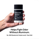 Set of three MARLOWE cedarwood and sea salt deodorants with natural ingredients, shown in their sleek packaging.
