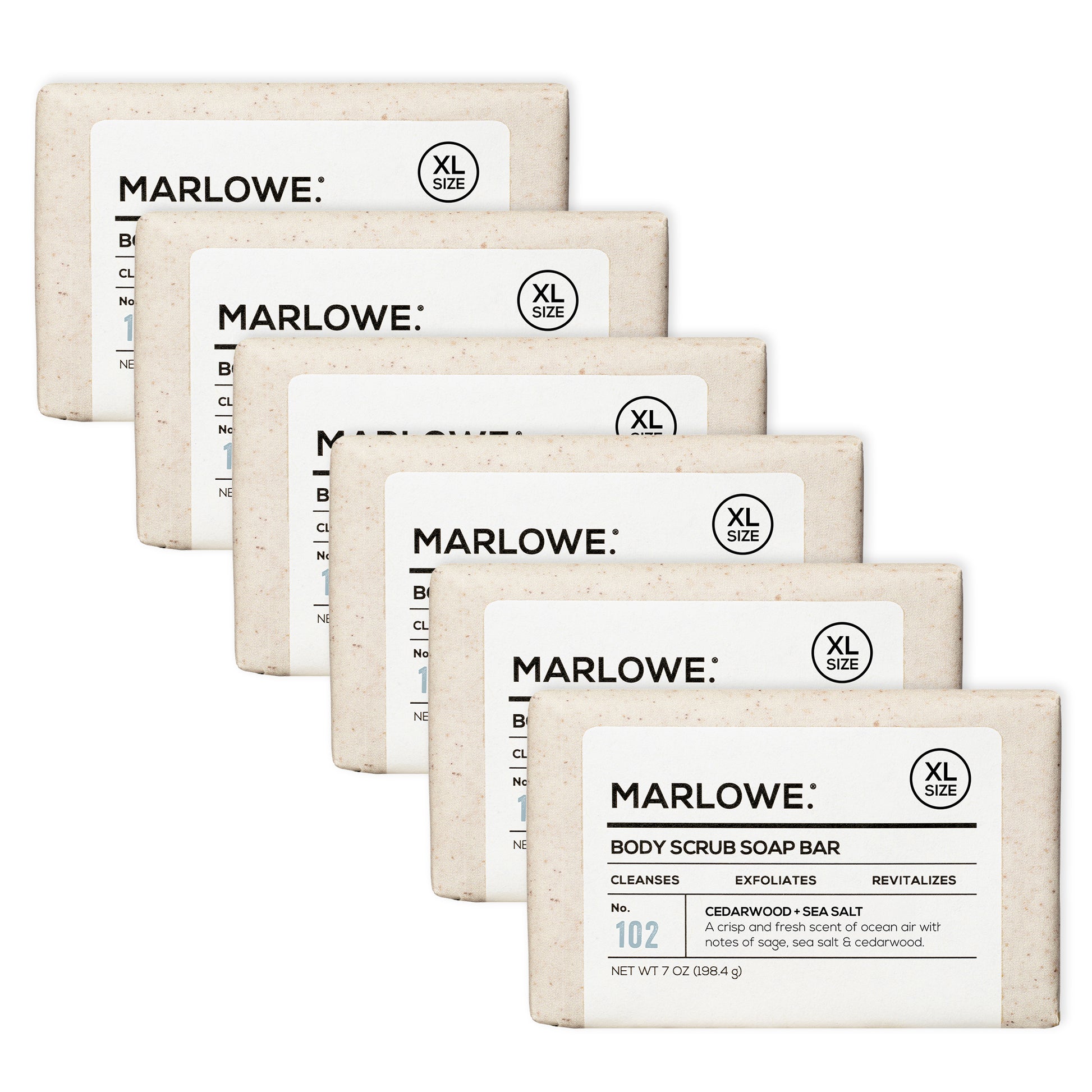 Six MARLOWE cedarwood and sea salt scrub soap bars, natural bar soap with exfoliating ingredients and rustic packaging.