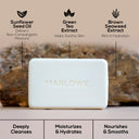 Marlowe moisturizing soap bar with sage and fir, natural ingredients, showcasing the bar's textured surface and herbal scent.