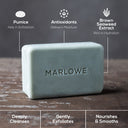 MARLOWE lightly exfoliating neroli soap bar with natural ingredients, showcasing the polishing soap bar and its ingredients.