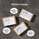Set of three MARLOWE scrub bar soaps with natural ingredients, displayed with their textured soap surfaces in a white background.