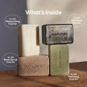 Set of four MARLOWE soap bars in a discovery set, showcasing various natural scents and ingredients in colorful packaging.