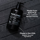 MARLOWE cedarwood and sea salt body wash bottle with natural scent and minimalist packaging, highlighting organic ingredients.