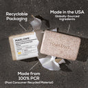 MARLOWE. Santal scrub soap bar with beige packaging, featuring natural ingredients and a smooth, exfoliating texture.