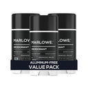 Set of three MARLOWE cedarwood and sea salt deodorants in a stylish packaging display.