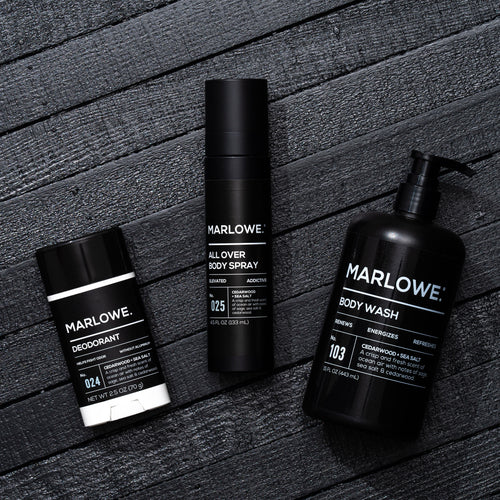 MARLOWE. Cedarwood + Sea Salt Deodorant, All Over Body Spray and Body Wash