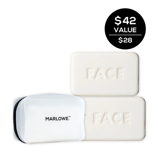 Dual-sided MARLOWE. soap set featuring two bars with rich textures and scents for a refreshing cleanse.