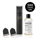 MARLOWE beard grooming set with scissors, comb, beard oil, and brush on a white background for stylish facial hair care.