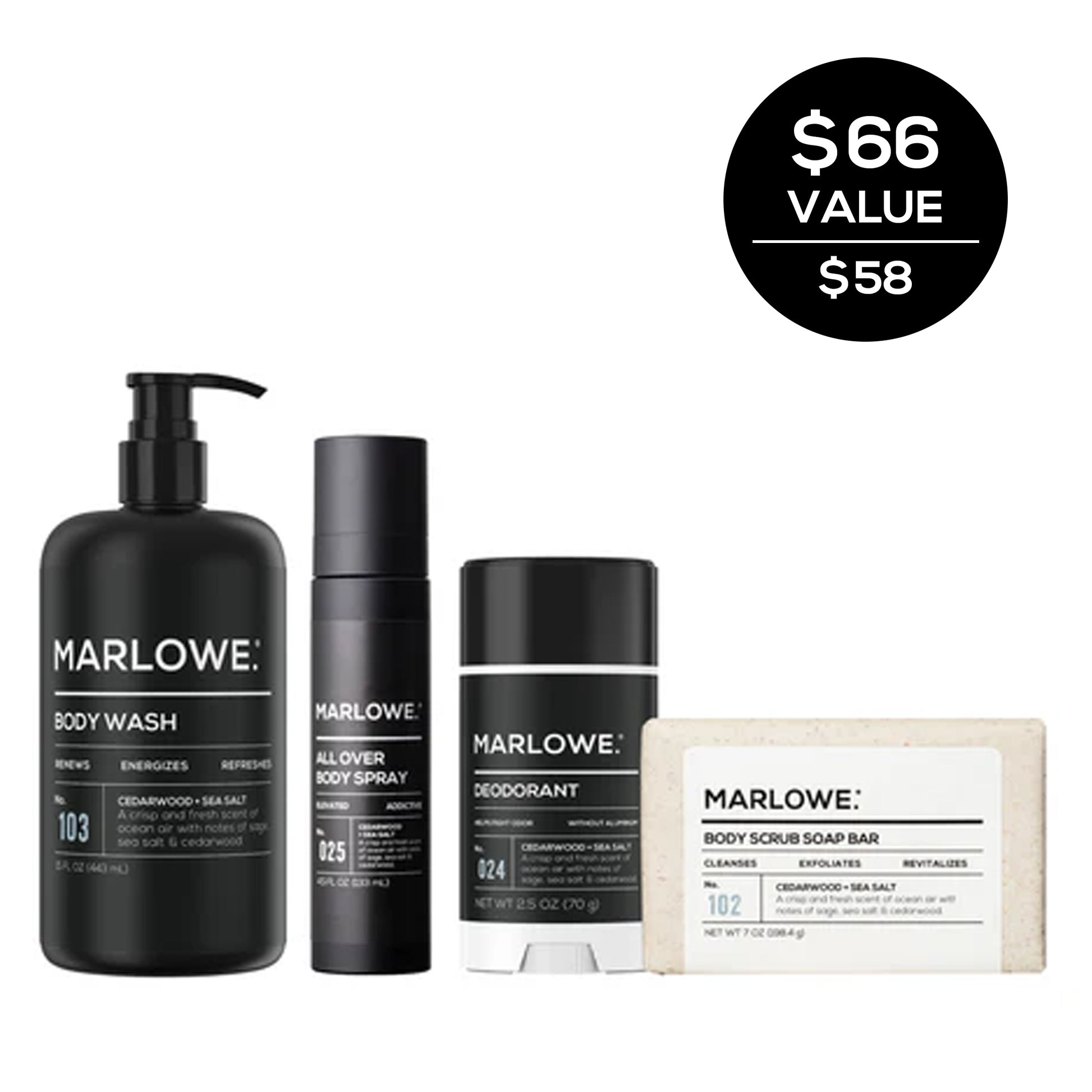 MARLOWE Cedarwood and Sea Salt Set featuring grooming products in a sleek packaging, ideal for beard and skincare.