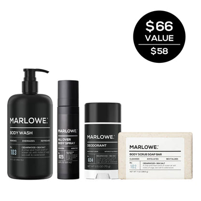 MARLOWE Cedarwood and Sea Salt Set featuring grooming products in a sleek packaging, ideal for beard and skincare.
