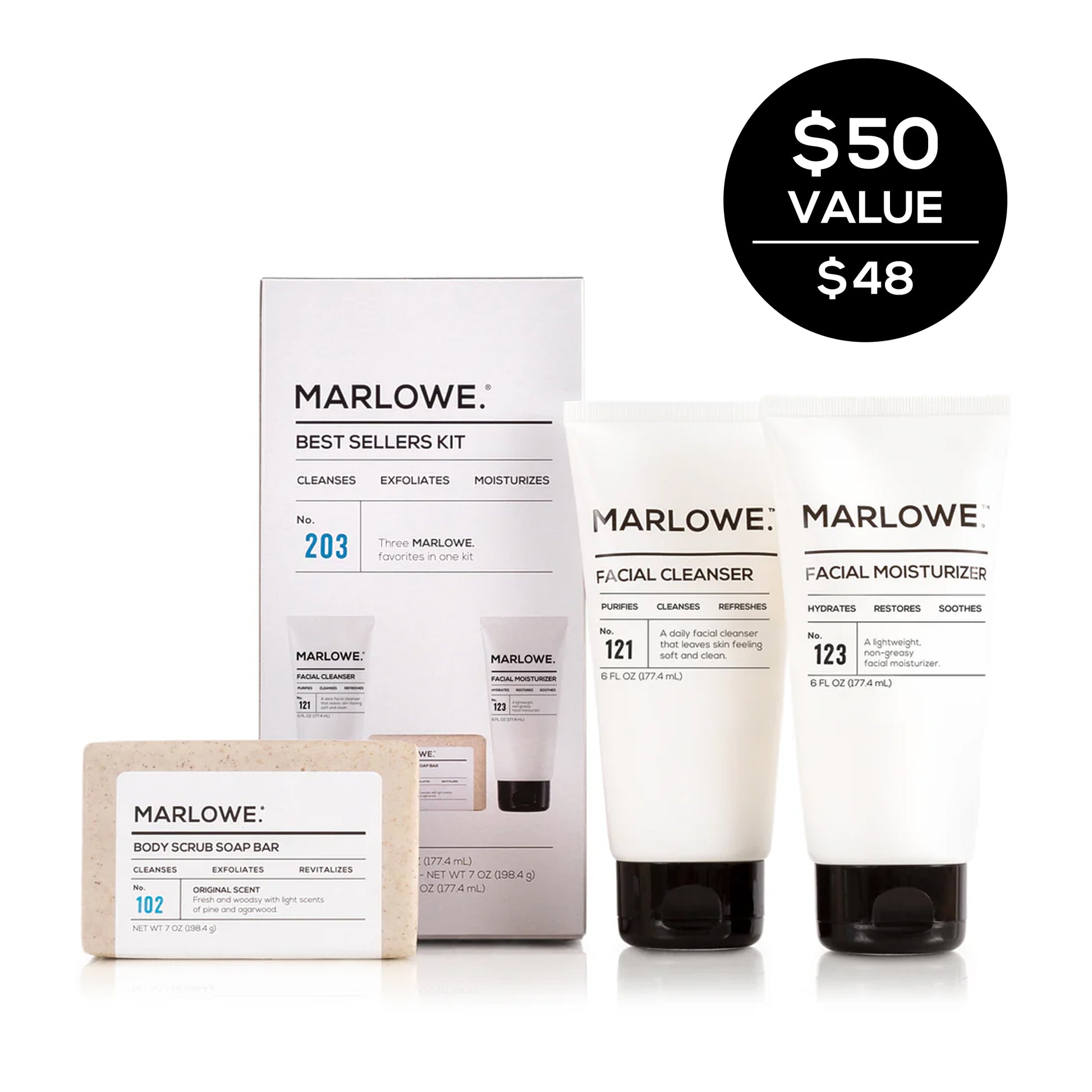 MARLOWE best sellers set featuring multiple skincare products in a sleek, organized display with bottles and jars.