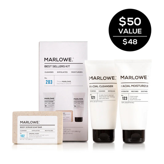 Set of MARLOWE best sellers including skincare products displayed together in a sleek, minimalist arrangement.