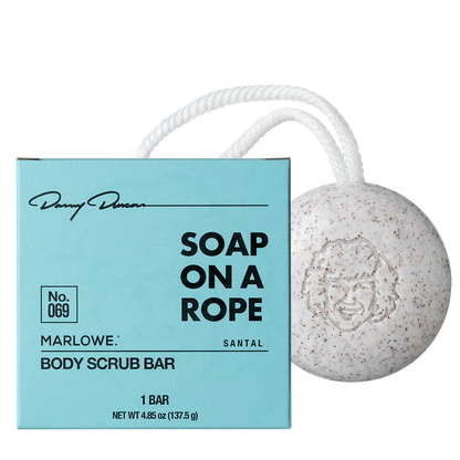 MARLOWE Danny soap on a rope featuring a playful design, hanging on a hook with a colorful, cartoon-style appearance.