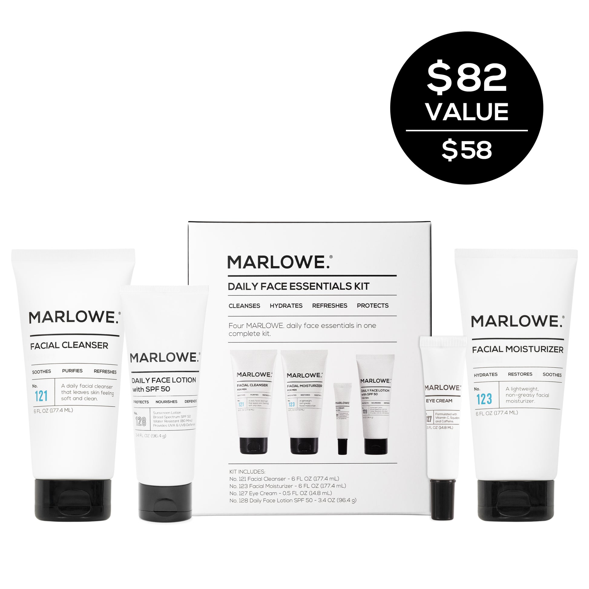 MARLOWE Face Essentials Set including facial cleansers, moisturizers, and skincare products arranged on a white background.