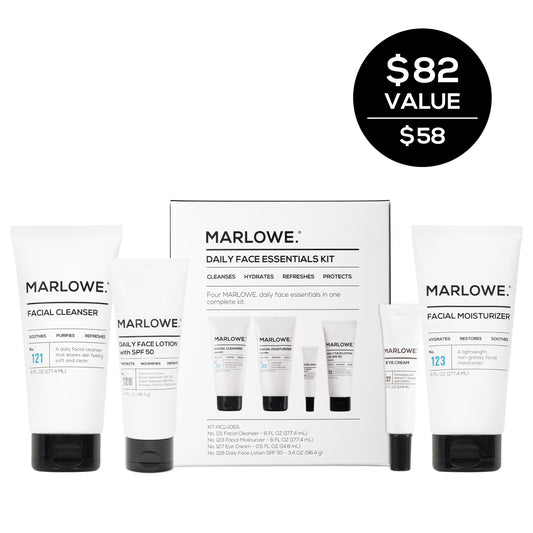MARLOWE Face Essentials Set including cleanser, moisturizer, and serum arranged on a white background.