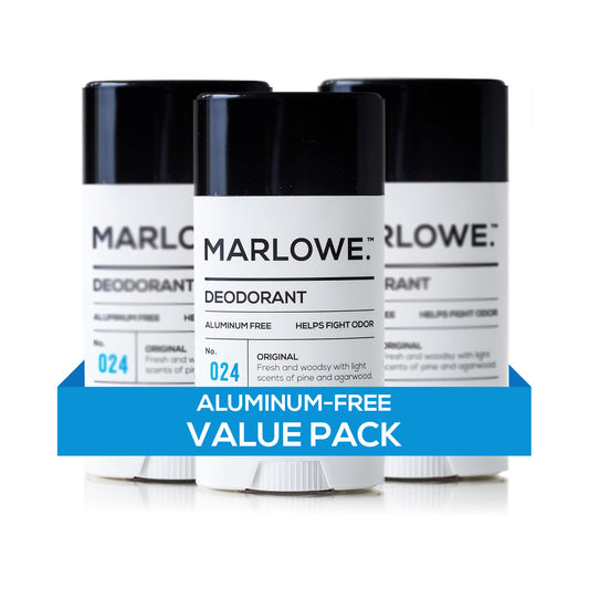 MARLOWE. Original Sage + Fir deodorant set displayed in a 3-pack with sleek packaging and herbal scent notes.