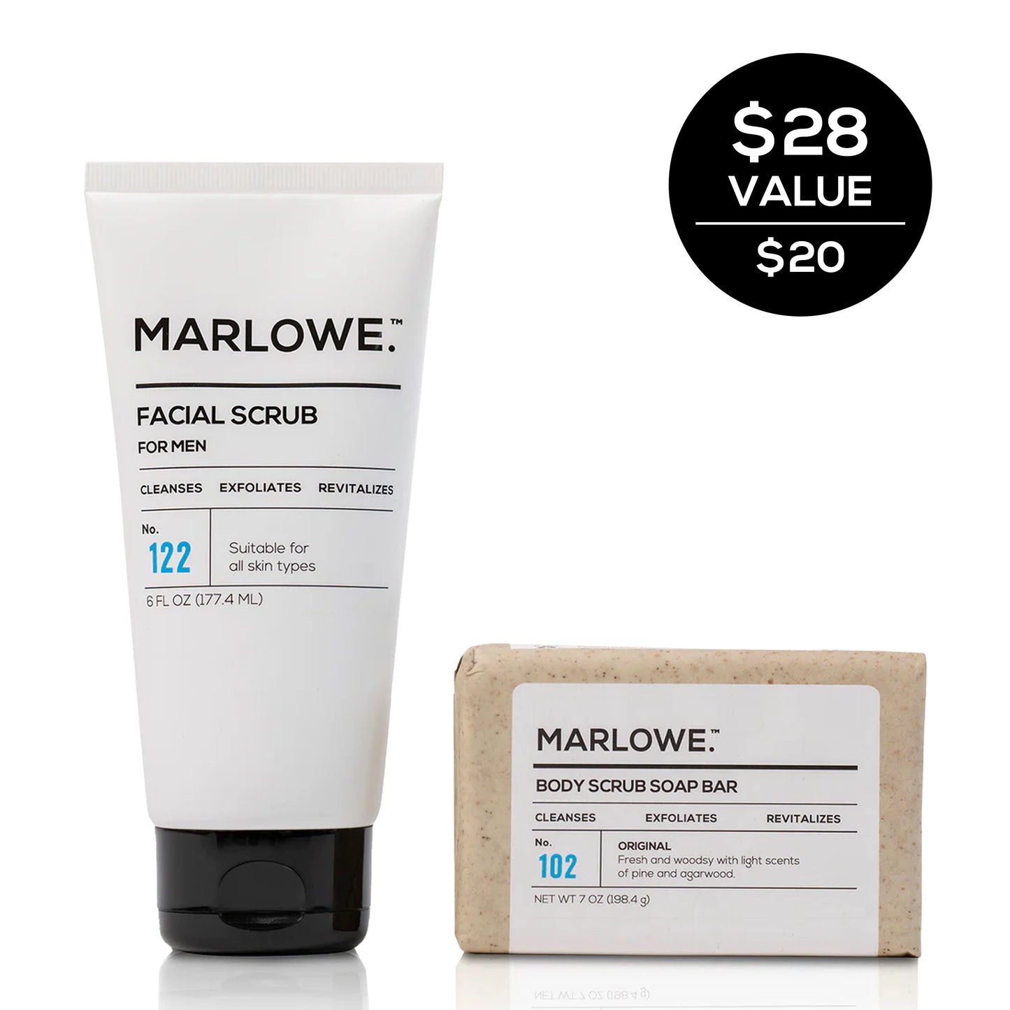 MARLOWE exfoliating face and body set with brushes and scrubs for smooth skin, displayed together on a neutral background.