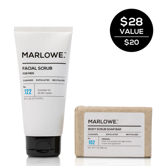 Exfoliating face and body set by MARLOWE. featuring scrub and lotion in sleek packaging, perfect for smooth skin.