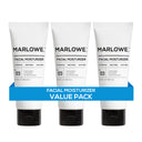 Three MARLOWE facial moisturizers in a 3-pack, featuring sleek bottles with pump dispensers and minimalist labels.