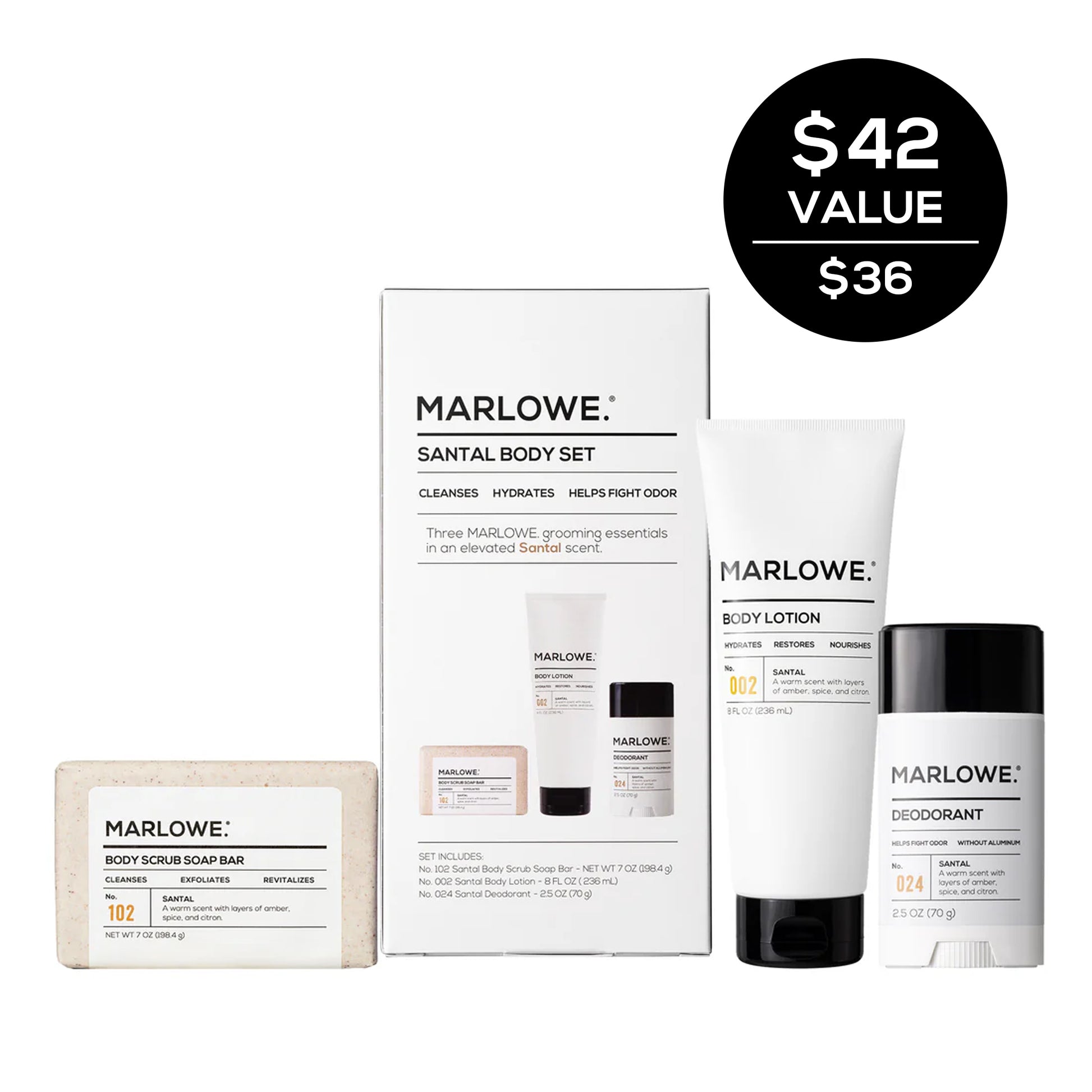 MARLOWE Santal body set featuring scented body lotion and matching fragrance in elegant packaging.