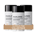 Three MARLOWE Santal body deodorant sticks arranged in a row, showcasing the natural packaging and product design.