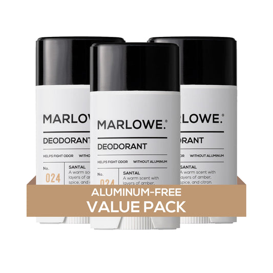 MARLOWE. Santal body deodorant in a three-pack, featuring elegant packaging and a soothing scent.
