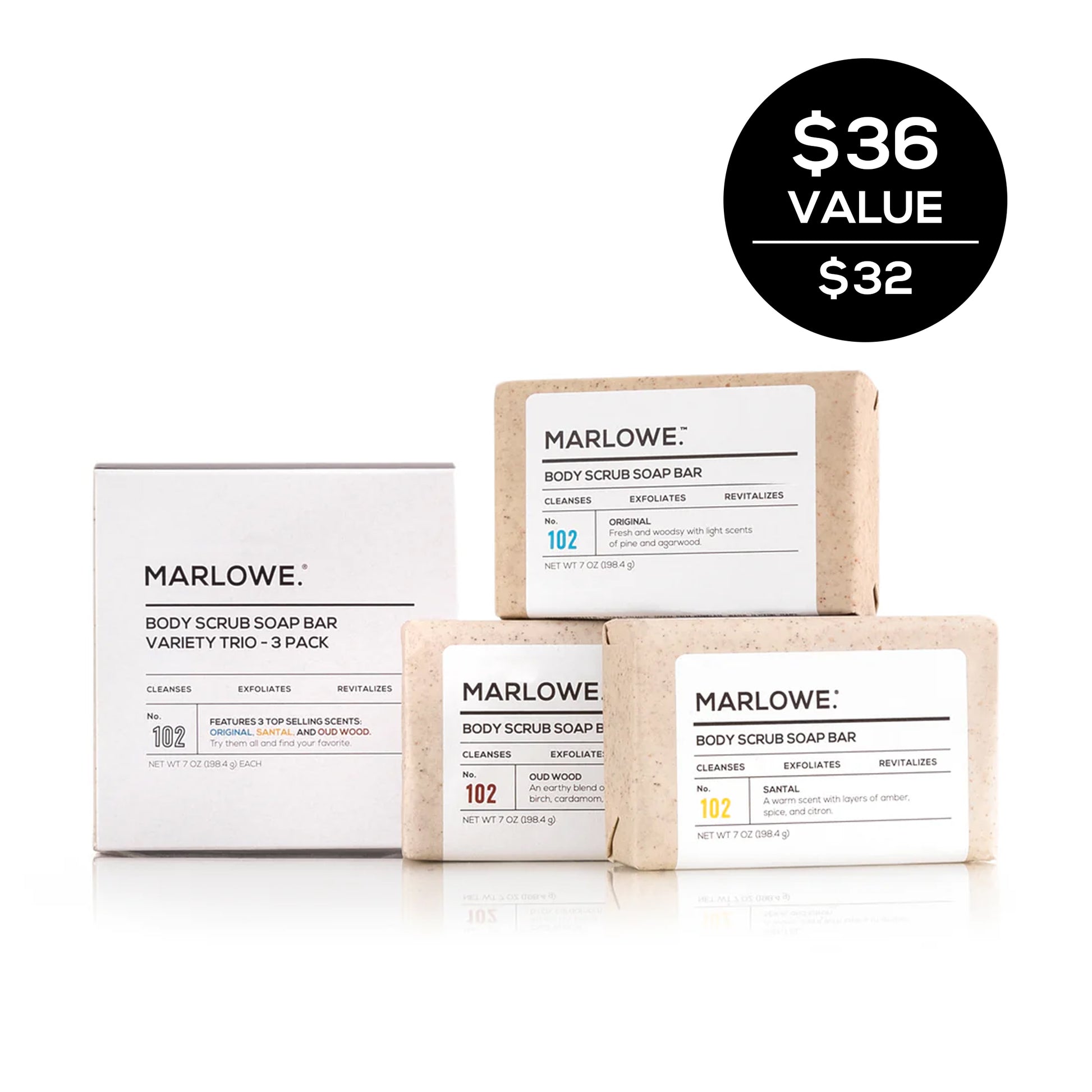 Set of three MARLOWE scrub bar soaps with natural exfoliating ingredients, shown with textured soap bars in a clean display.