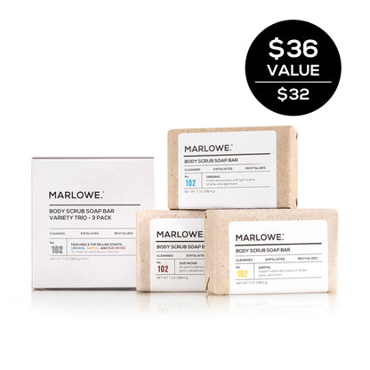 Set of three MARLOWE scrub bar soaps with natural exfoliating ingredients, shown with textured soap bars in a clean display.