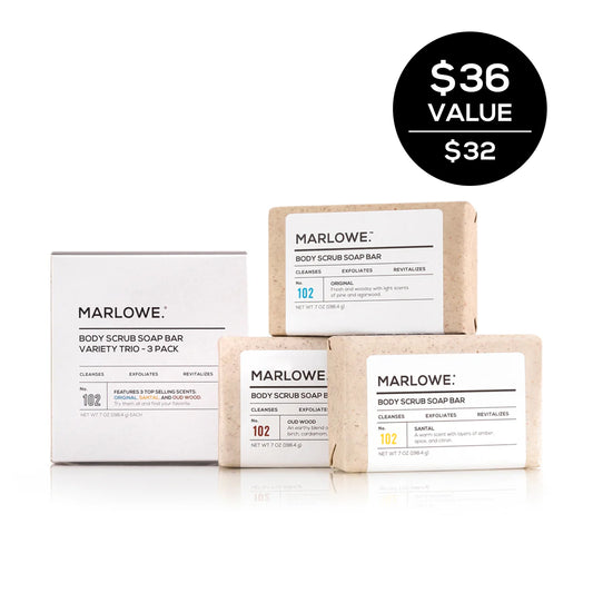 Marlowe. scrub bar soap set featuring three fragrant bars in a neatly arranged display.