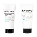MARLOWE shave set with shaving cream, post-shave balm, and grooming accessories arranged neatly on a clean surface.