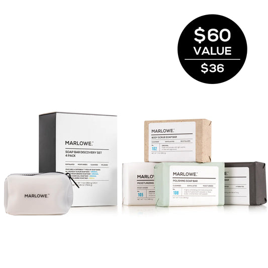 Marlowe soap bar discovery travel set with four natural soap bars in a compact case for easy travel and skincare.
