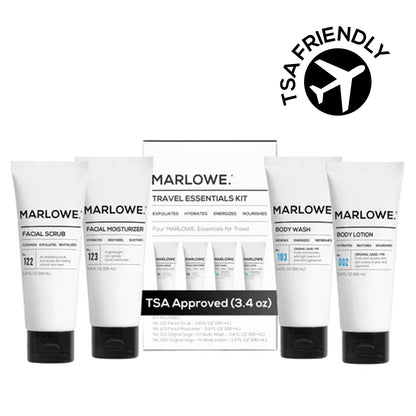 MARLOWE travel essentials set with toiletries and accessories, compact and organized for convenient packing and travel.